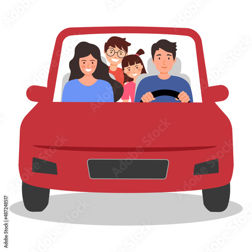 Family car driving front view in flat design on white background. Family trip.