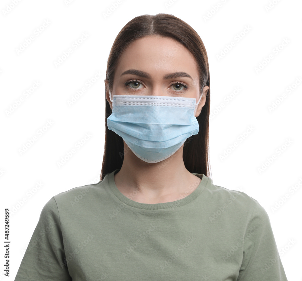 Young woman in medical mask on white background Young woman in medical mask on white background