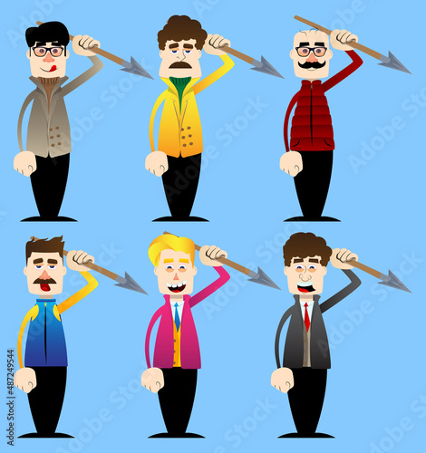 Funny cartoon man dressed for winter holding spear in his hand. Vector illustration.