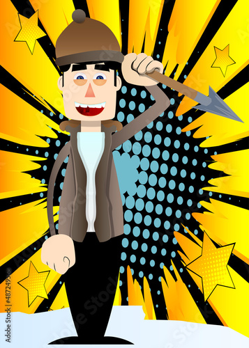Funny cartoon man dressed for winter holding spear in his hand. Vector illustration.