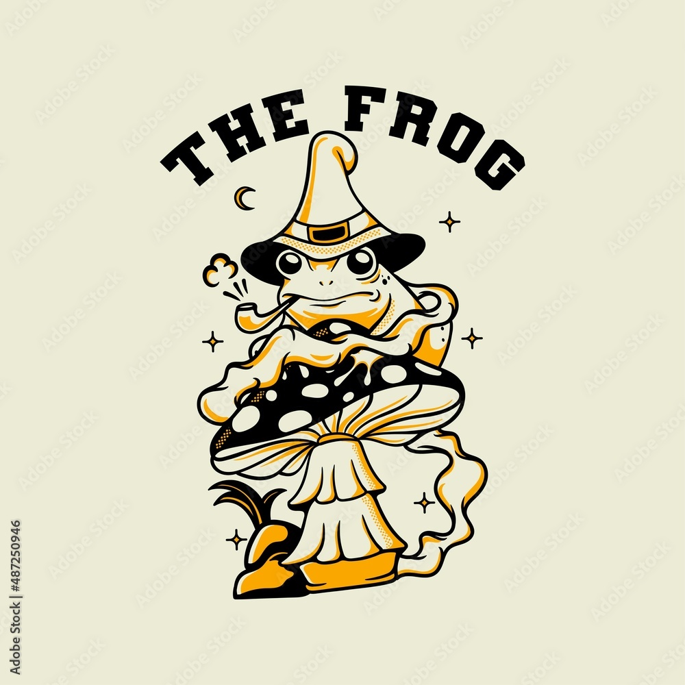 The frog wizard with mushrooms traditional vintage illustration