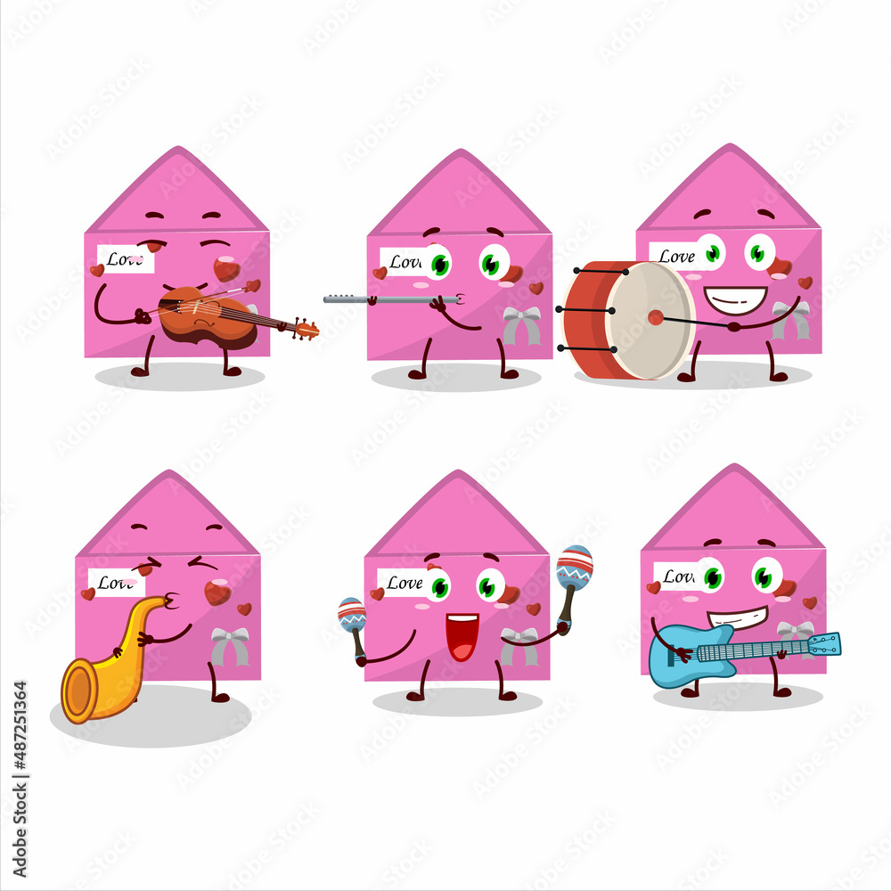 Cartoon character of pink love envelope playing some musical instruments Cartoon character of pink love envelope playing some musical instruments