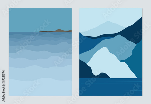 Minimalist landscape poster design, peaceful ocean and island