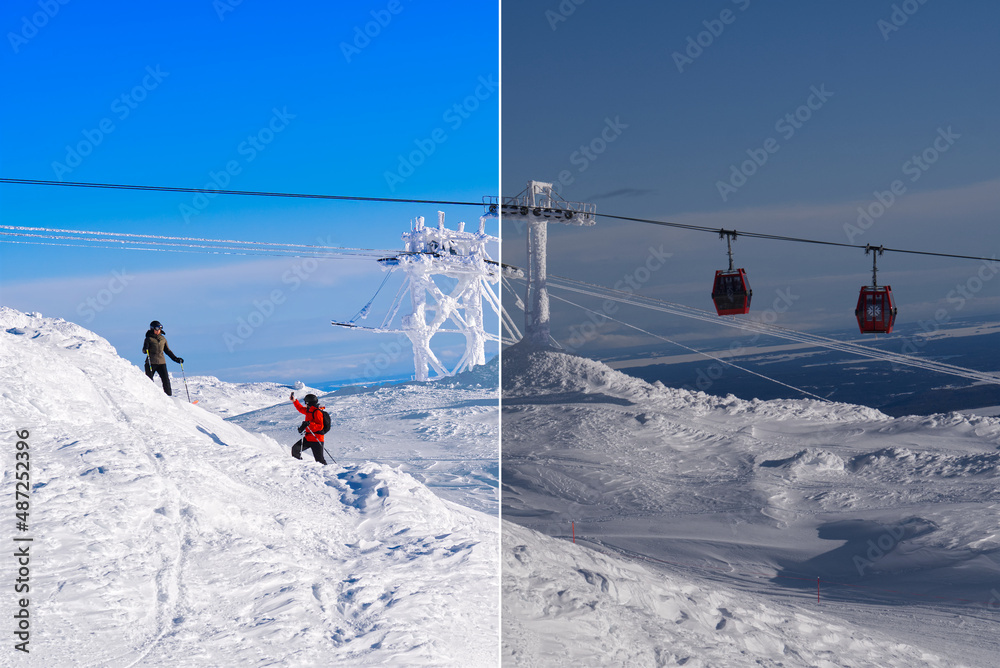 Before and after From RAW to JPEG. Example of photo editing process, color correction, brightness and saturation of women in ski resort