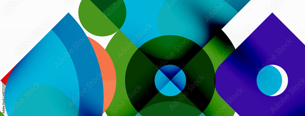 Colorful round shapes, circles and triangles background. Minimal geometric template for wallpaper, banner, presentation Colorful round shapes, circles and triangles background. Minimal geometric template for wallpaper, banner, presentation
