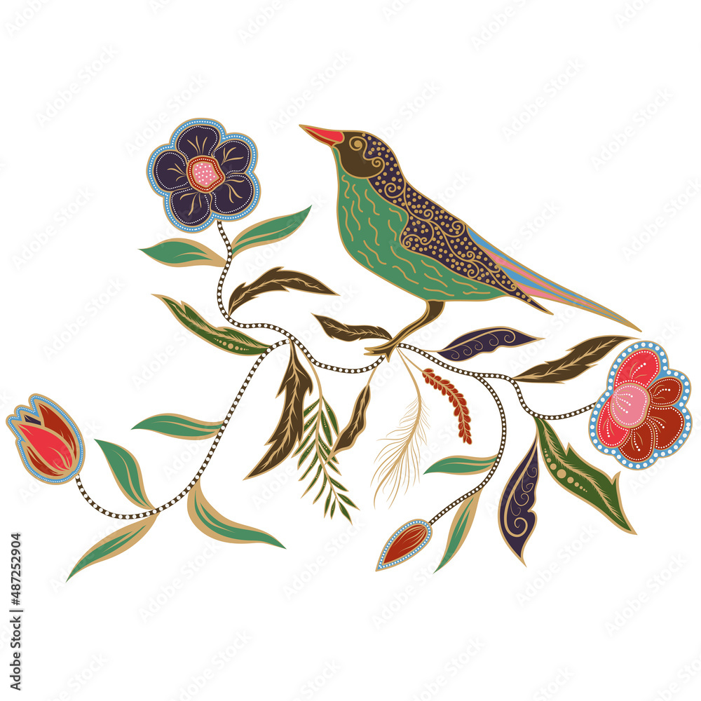 bird design and traditional batik floral style, design for textile.