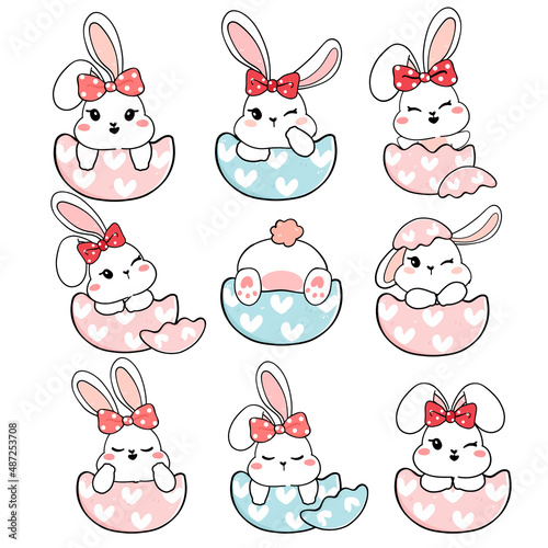 group of cute playful baby bunny rabbit  in broken Easter egg shell collection, playful animal cartoon hand drawing outline vector, sweet baby girl bunny