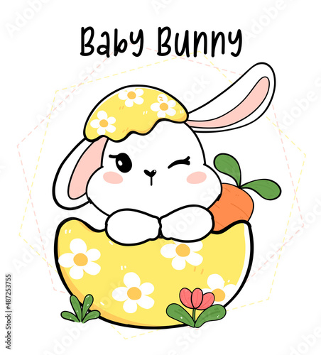 cute baby bunny rabbith white in easter egg shell, cartoon drawing outline, Happy easter