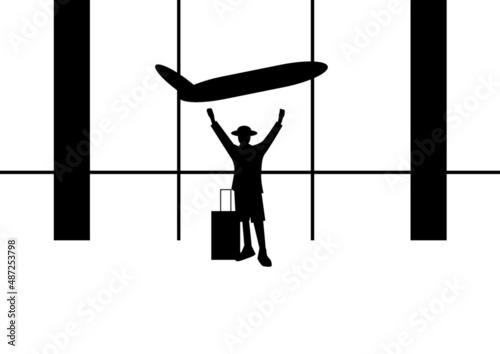 Tourism and airplane travel concept. Vector flat people illustration. a man standing with luggage on airport departure with a plane background.