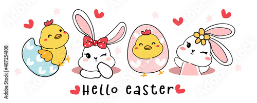 group of cute Happy white baby bunny rabbit in hole, have a lovely day, cartoon drawing outline banner
