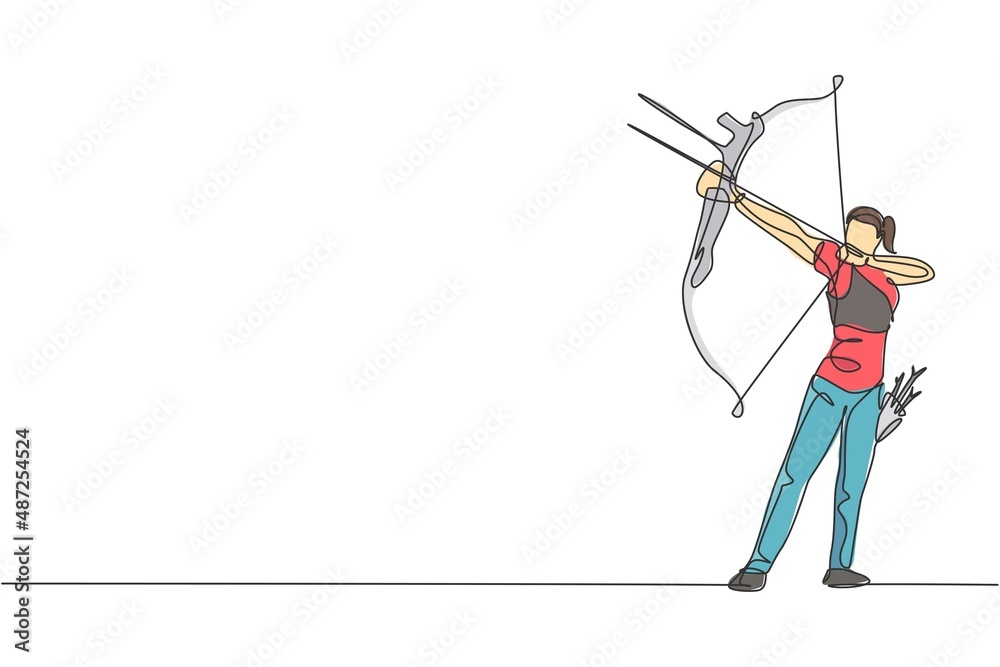 Obraz premium Single continuous line drawing of young professional archer woman focus aiming archery target. Archery sport exercise with the bow concept. Trendy one line draw design vector graphic illustration