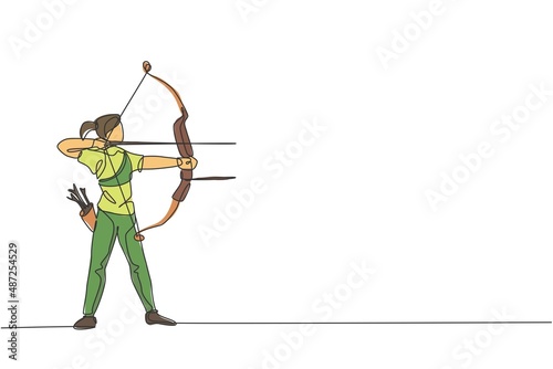 Single continuous line drawing of young professional archer woman focus aiming archery target. Archery sport exercise with the bow concept. Trendy one line draw design graphic vector illustration