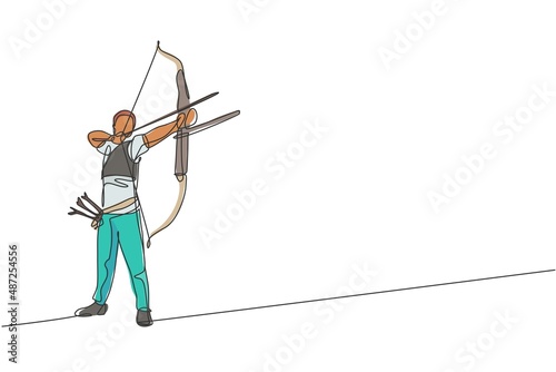 Single continuous line drawing of young professional archer man focus aiming archery target. Archery sport exercise with the bow concept. Trendy one line draw design vector graphic illustration