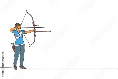 One continuous line drawing of young archer man pulling bow to shooting an archery target. Archery sport training and exercising concept. Dynamic single line draw design graphic vector illustration photo