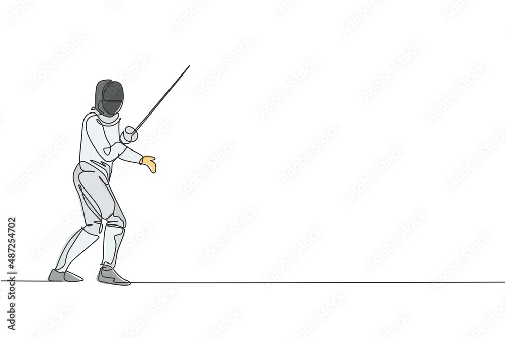 Obraz premium One single line drawing of young man fencer athlete in fencing costume exercising motion on sport arena vector illustration. Combative and fighting sport concept. Modern continuous line draw design