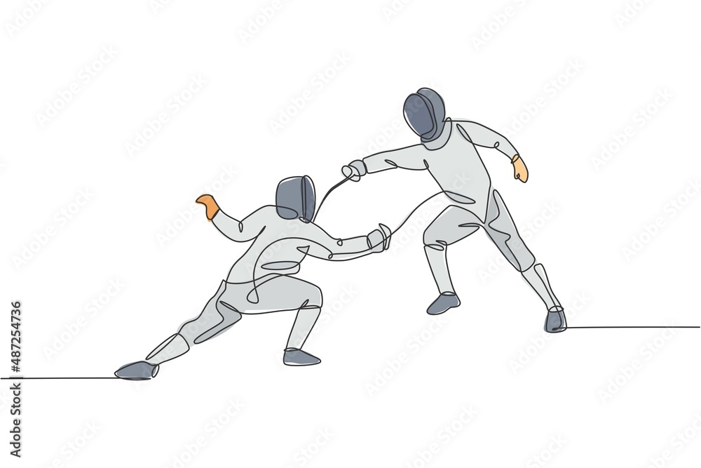 One continuous line drawing of two young men fencing athlete practice fighting action on sport arena. Fencing costume and holding sword concept. Dynamic single line draw design vector illustration One continuous line drawing of two young men fencing athlete practice fighting action on sport arena. Fencing costume and holding sword concept. Dynamic single line draw design vector illustration