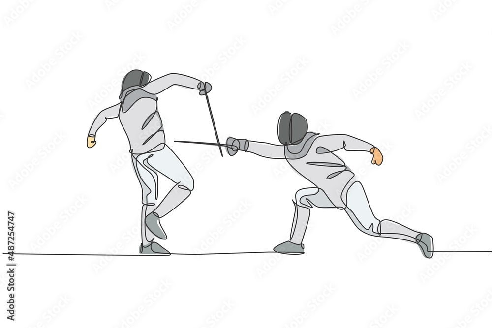 Obraz premium One continuous line drawing of two young men fencing athlete practice fighting on sport arena. Fencing costume and holding sword action concept. Dynamic single line draw design vector illustration