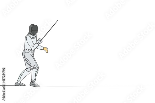 One single line drawing of young man fencer athlete in fencing costume exercising motion on sport arena vector illustration. Combative and fighting sport concept. Modern continuous line draw design