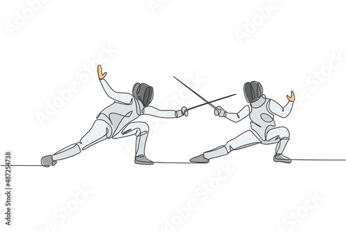 Single continuous line drawing of two young fencer athlete men in fencing mask and rapier duel at arena. Competitive fighting sport competition concept. Trendy one line draw design vector illustration