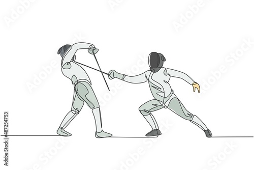 One single line drawing of two young women fencer athlete in fencing costume exercise duel on sport arena vector illustration. Combative and fighting sport concept. Modern continuous line draw design