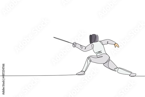 Single continuous line drawing young professional fencer athlete man in fencing mask and rapier. Competitive fighting sport competition concept. Trendy one line draw design graphic vector illustration