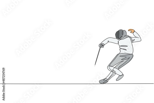 Single continuous line drawing young professional fencer athlete man in fencing mask and rapier. Competitive fighting sport competition concept. Trendy one line draw design graphic vector illustration