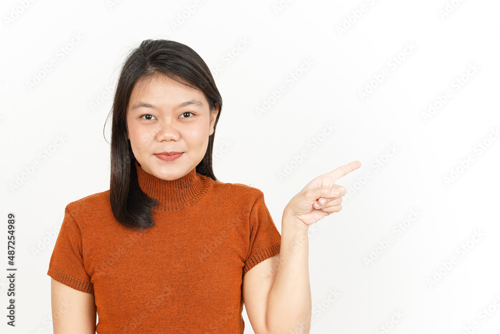 Showing Product and Pointing Side Of Beautiful Asian Woman Isolated On White Background Showing Product and Pointing Side Of Beautiful Asian Woman Isolated On White Background