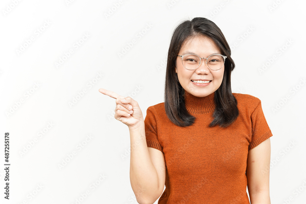 Showing Product and Pointing Side Of Beautiful Asian Woman Isolated On White Background Showing Product and Pointing Side Of Beautiful Asian Woman Isolated On White Background