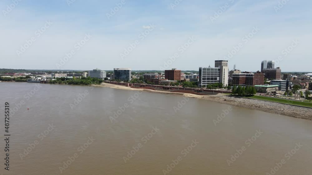 Drone flies over river in Evansville, Indiana on a beautiful day Drone flies over river in Evansville, Indiana on a beautiful day