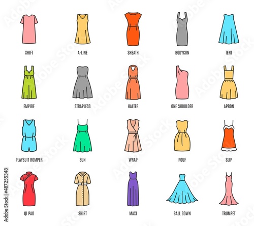 Color woman dresses isolated icons, female fashion clothes types, vector. Women wear and dress models with names, casual tops and skirts shapes, bodycon and shirt apron and playsuit dress photo