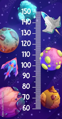 Kids height chart ruler with cartoon space planets, stars and starship, vector measure meter. Child tall scale or measurement chart with galactic rocket shuttles and cosmic spaceships in outer space