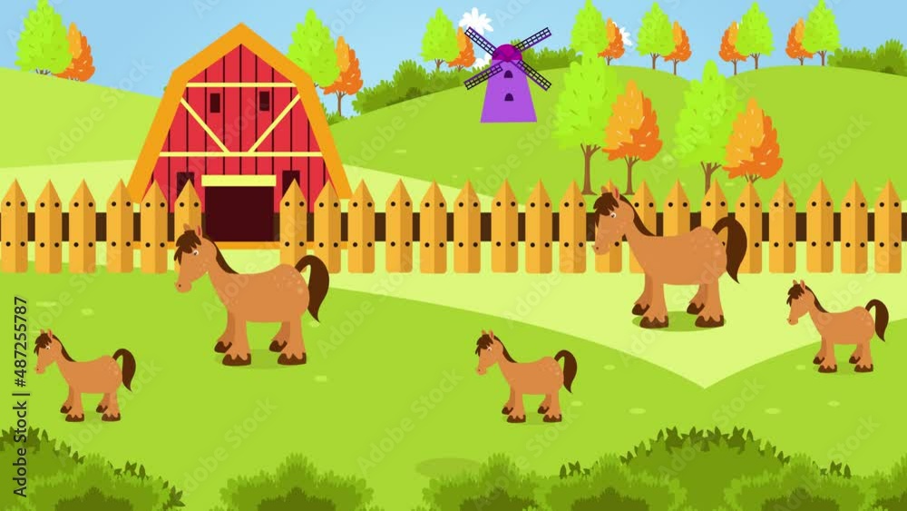Horses with cubs at farm with windmill background Horses with cubs at farm with windmill background