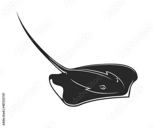 Ray, stingray or cramp fish vector black silhouette of sea and ocean underwater animal. Isolated marine fish of giant whiptail stingray photo