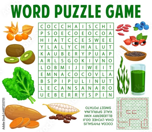 Superfoods word search or puzzle game vector worksheet, kids quiz grid. Puzzle or riddle to find cross word of super food cocoa, physalis or chia seeds and lychee fruit with goji berries