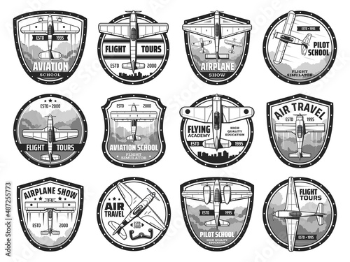 Air travel and airplane show icons set. Aviation school, flying academy and historic aircraft show emblem or badge. Retro monoplane flying in sky, vintage biplane plane and propeller aircraft vector