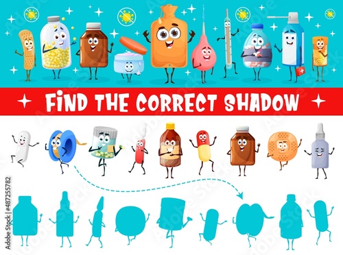 Find the correct shadow maze worksheet of cartoon vector drugs, pill and medication characters. Kids education puzzle game or quiz with silhouettes of drops and spray bottles, capsules, pills, plaster