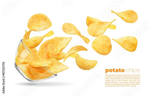 Falling wavy potato chips, glass bowl with flying chips. Realistic 3d vector crunchy snack in motion. Delicious food advert, crisp meal promotion with chips and fallen transparent bowl photo