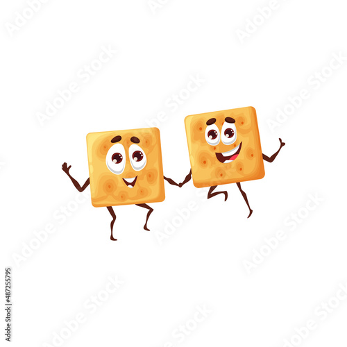 Cartoon crackers twins or biscuit cookies, vector cute food snacks. Square crackers friends, funny characters jumping and holding by hands in friendship, salty or sweet bakery biscuits with happy face