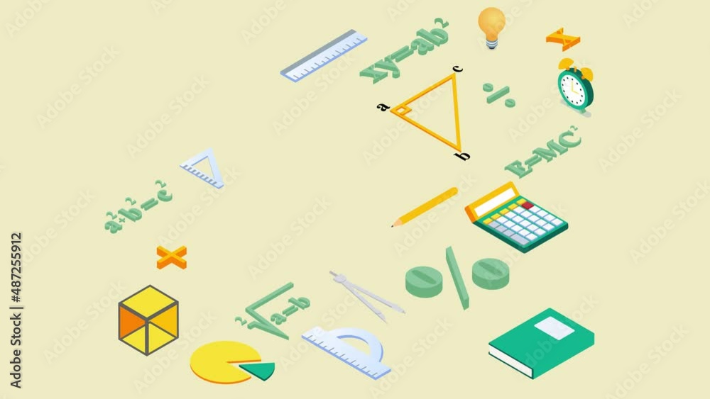 Math word with formulas and stationery on table Math word with formulas and stationery on table