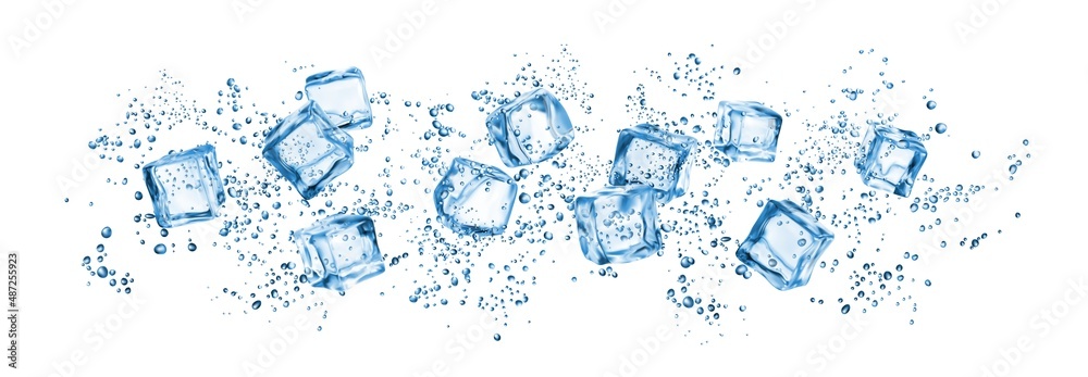 Realistic ice cubes and blue water drop splash, kitchen skinali background. Isolated vector iced crystal blocks, transparent 3d pieces of blue frozen water. Panoramic scene for glass panel, wallpaper