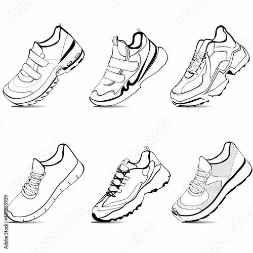 Black and white drawing of a collection of fashionable sneakers for coloring book. Vector illustration