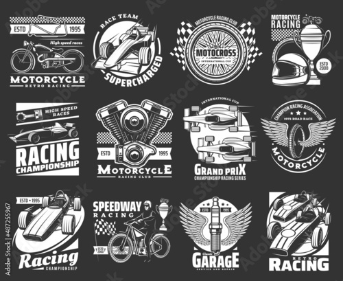 Motorcycle and car race sport icons set. Vintage motorbike, formula one modern and retro car, bike engine and racing cup engraved vector. Racing championship, repair service garage emblem or icon