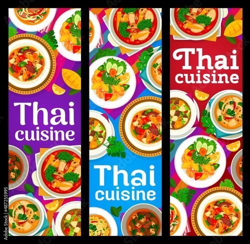 Thai cuisine meals vertical banners. Pork pad Thai noodle stir fry, red curry chicken and coconut soup, vegetable stir fry, shrimp mango salad and fried rice, lamb vegetable and mushroom curry