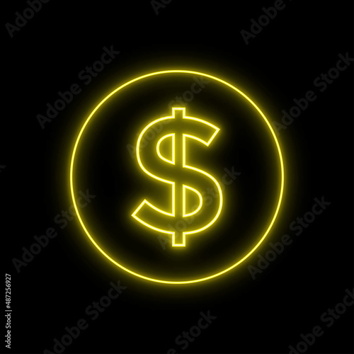 Neon dollar sign. Glowing USD currency symbol icon.
