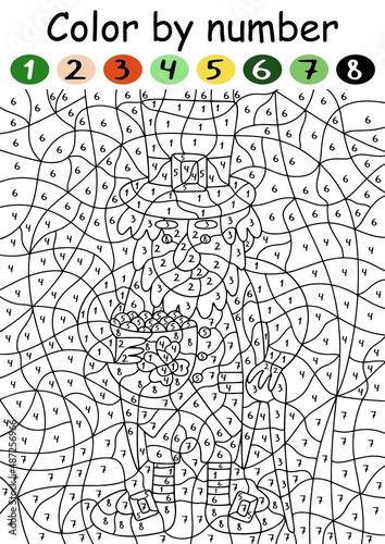 Leprechaun with gold and shillelagh color by number game vector illustration. Funny hand-drawn leprechaun with a pot of gold coloring page with numbers. Educational activity page for Patrick's day
