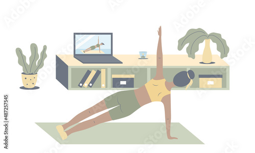 Young woman does yoga, fitness and stretches on mat at home. Girl watches online classes on laptop and performs sports exercises. Physical and spiritual practice. Fashionable flat vector