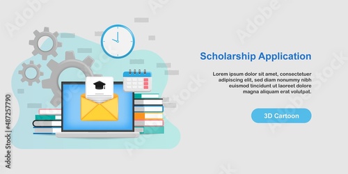 3D cartoon style. Scholarship application form submission deadline concept. Notebook laptop screen with mail envelope study letter, book stack, calendar and clock