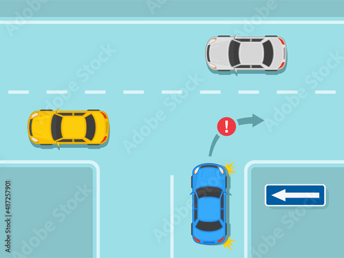 Safety car driving and traffic regulating rules. No right turn on a three way junction with one way road sign. Sign indicates the direction of permitted traffic flow.Flat vector illustration template.