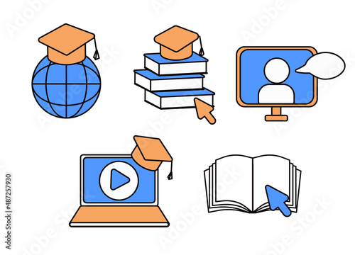 Online education icons. Notebook, globe, bookd snd graduation cap