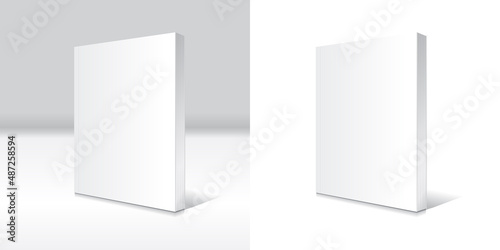 Blank white standing softcover book or magazine mockup template white and gray background.